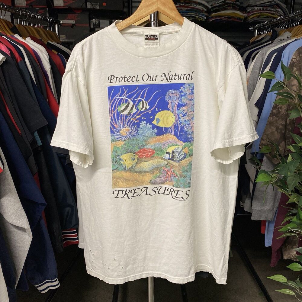 Vintage 1990 Protect Our Natural Treasures Nature Fish T-Shirt White Adult XL